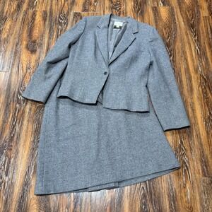 Lorch Vintage Grey Houndstooth 100% Pure Wool Skirt Suit Set Women's 14 Blazer